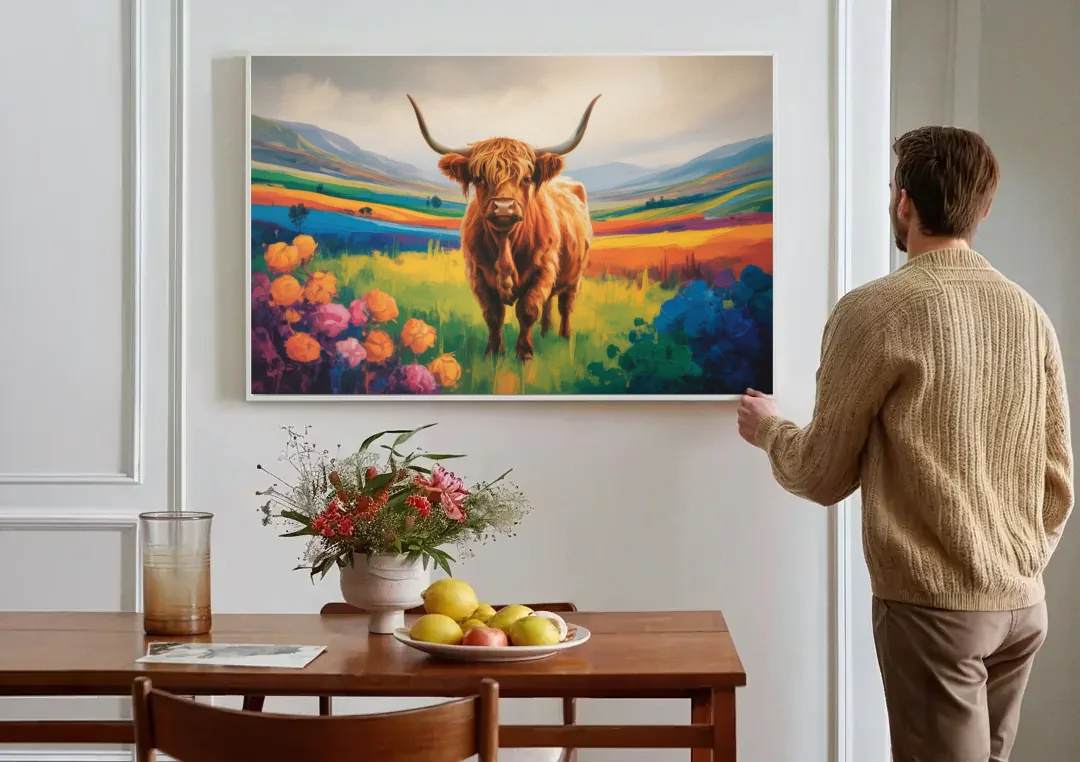 Enchanted Highland Cow Glass Look canvas wall art above a dining table