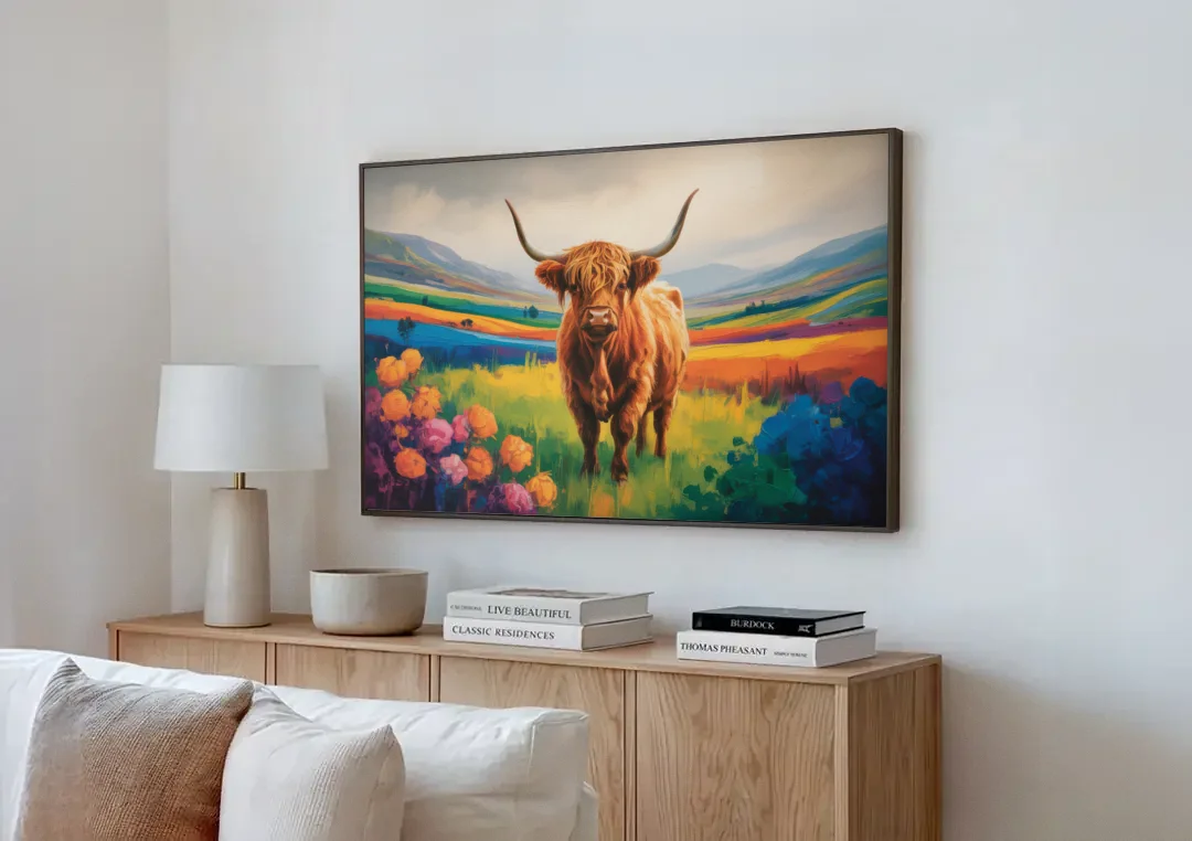 Enchanted Highland Cow Glass Look canvas wall art above a wooden sideboard next to a sofa