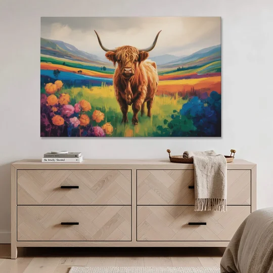 Enchanted Highland Cow Glass Look - Canvas Wall Art - Coffee Table - 60x40