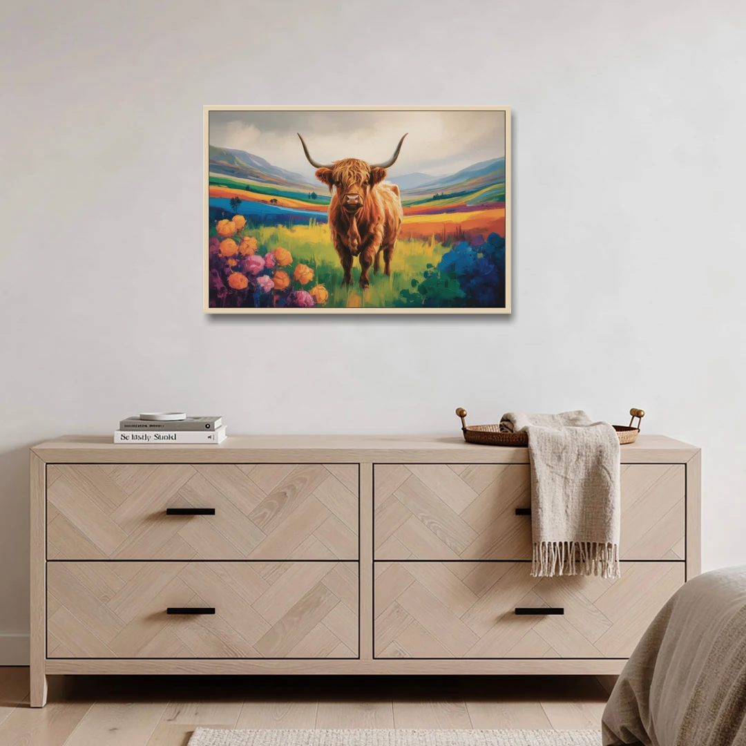 Enchanted Highland Cow Glass Look - Oak Framed Canvas Wall Art - Coffee Table - 36x24