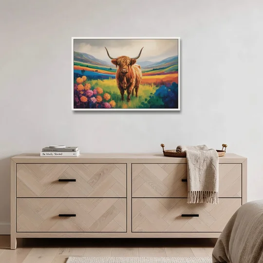 Enchanted Highland Cow Glass Look - White Framed Canvas Wall Art - Coffee Table - 36x24