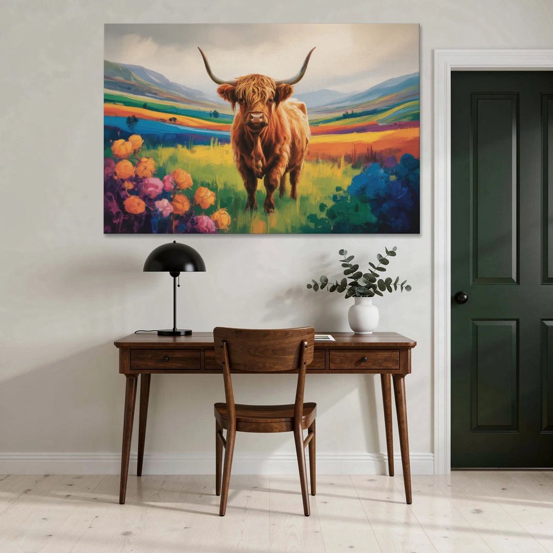 Enchanted Highland Cow Glass Look - Canvas Wall Art - Office - 60x40