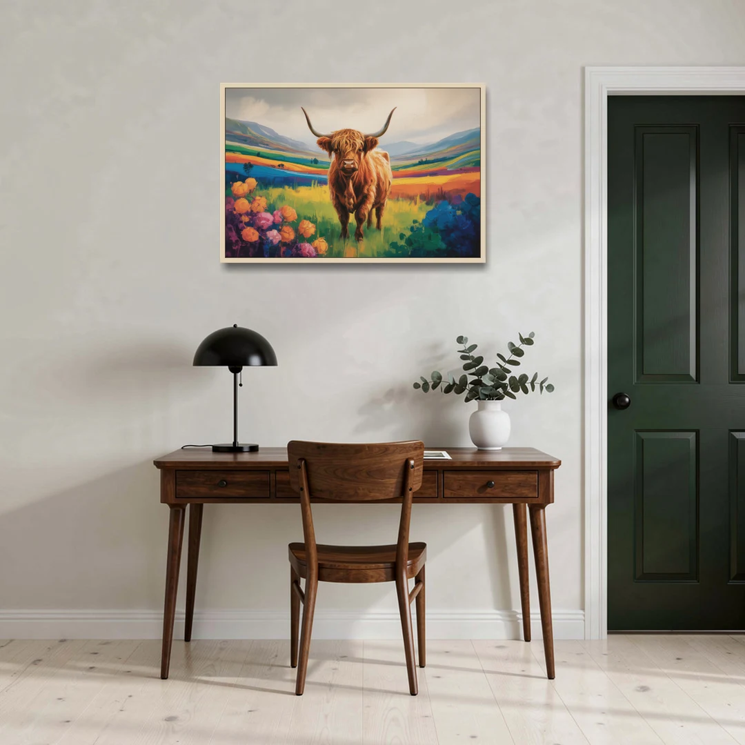 Enchanted Highland Cow Glass Look - Oak Framed Canvas Wall Art - Office - 36x24