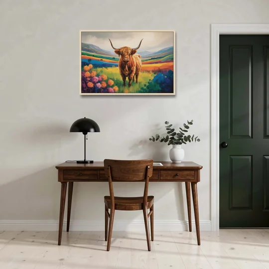 Enchanted Highland Cow Glass Look - Oak Framed Canvas Wall Art - Office - 36x24