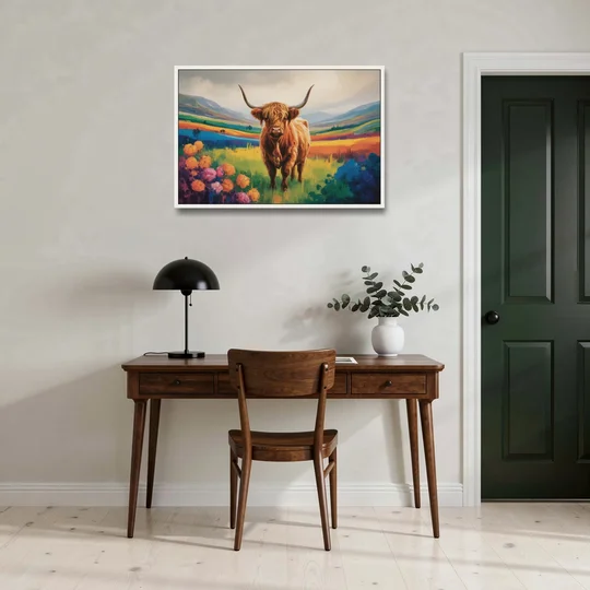 Enchanted Highland Cow Glass Look - White Framed Canvas Wall Art - Office - 36x24