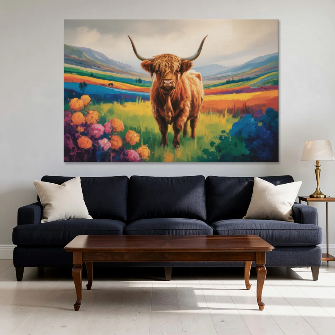 Enchanted Highland Cow Glass Look - Canvas Wall Art - Sofa - 60x40