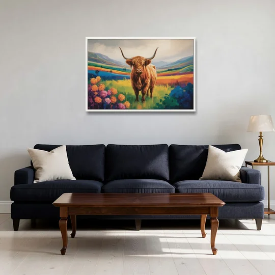 Enchanted Highland Cow Glass Look - White Framed Canvas Wall Art - Sofa - 36x24