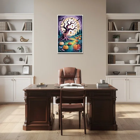Enchanted Night Mystical Halloween - White Framed Canvas Wall Art - Office - 24x36