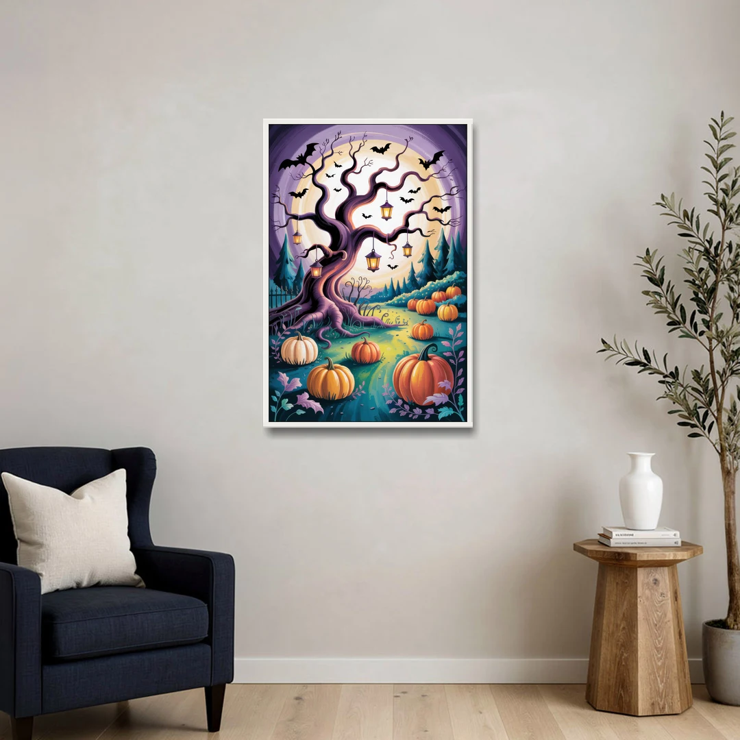 Enchanted Night Mystical Halloween - White Framed Canvas Wall Art - Sofa - 24x36