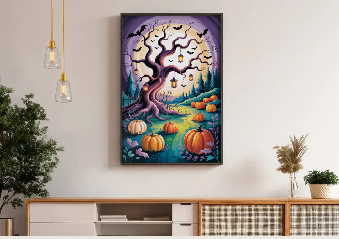 Enchanted Night Mystical Halloween canvas wall art above a wooden sideboard under pendant lights
