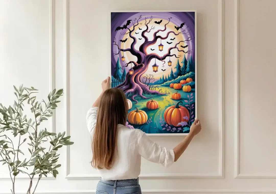 Enchanted Night Mystical Halloween canvas wall art being hung on a paneled wall