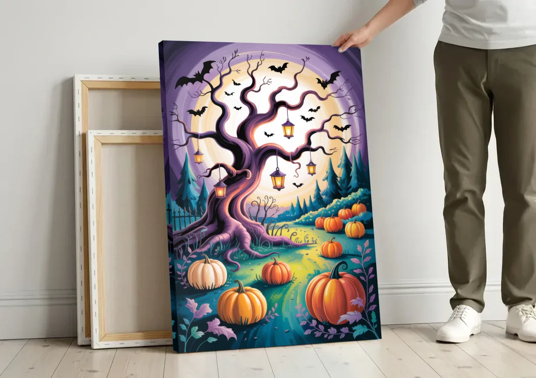 Enchanted Night Mystical Halloween canvas wall art leaning against a wall next to blank canvases