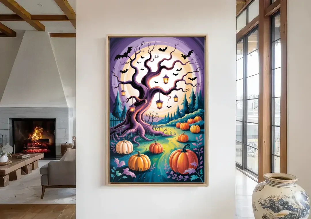 Enchanted Night Mystical Halloween canvas wall art in a living room with a fireplace
