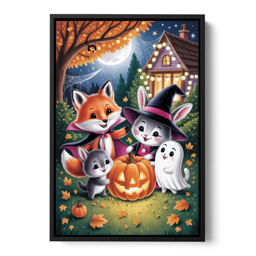 Enchanting Animals Festivity Cute Halloween - Black Framed Canvas Wall Art - Front