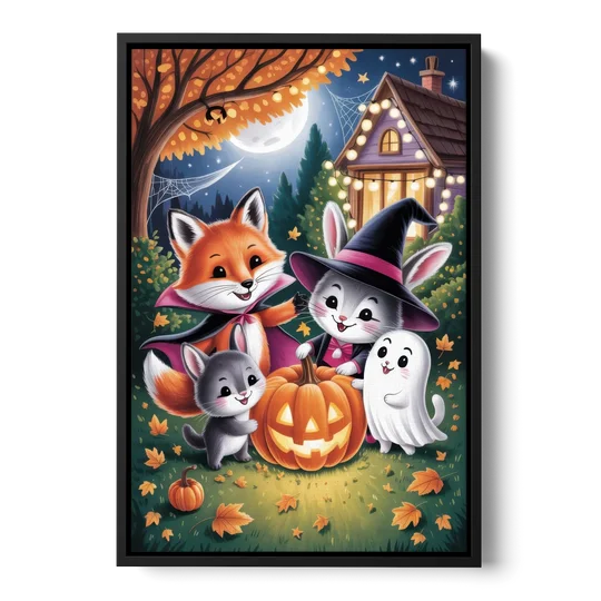 Enchanting Animals Festivity Cute Halloween - Black Framed Canvas Wall Art - Front