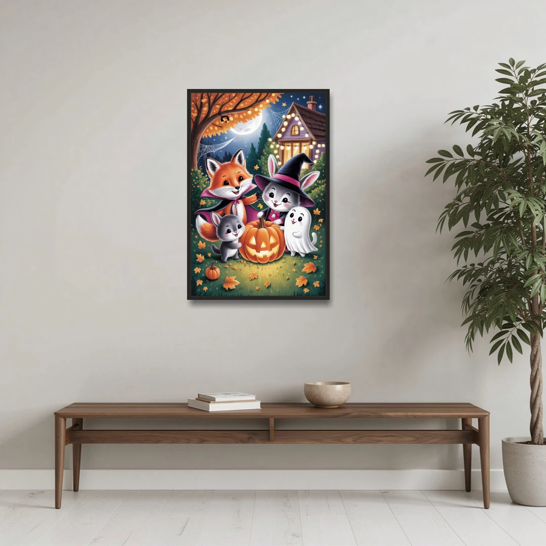 Enchanting Animals Festivity Cute Halloween - Black Framed Canvas Wall Art - Coffee Table - 24x36