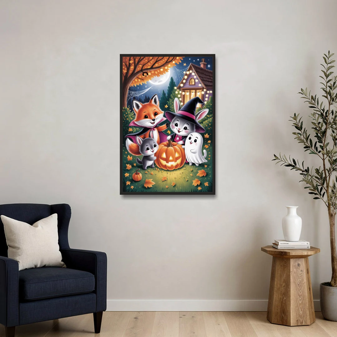 Enchanting Animals Festivity Cute Halloween - Black Framed Canvas Wall Art - Sofa - 24x36