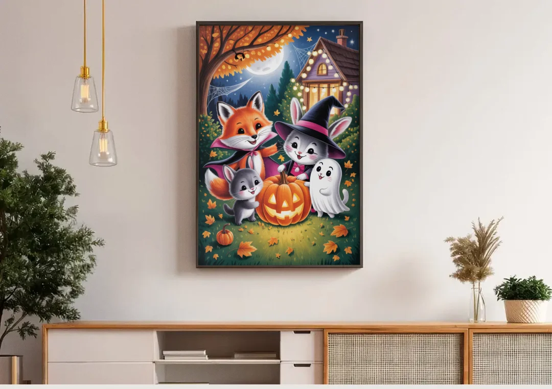 Enchanting Animals Festivity Cute Halloween canvas wall art above a wooden sideboard under pendant lights