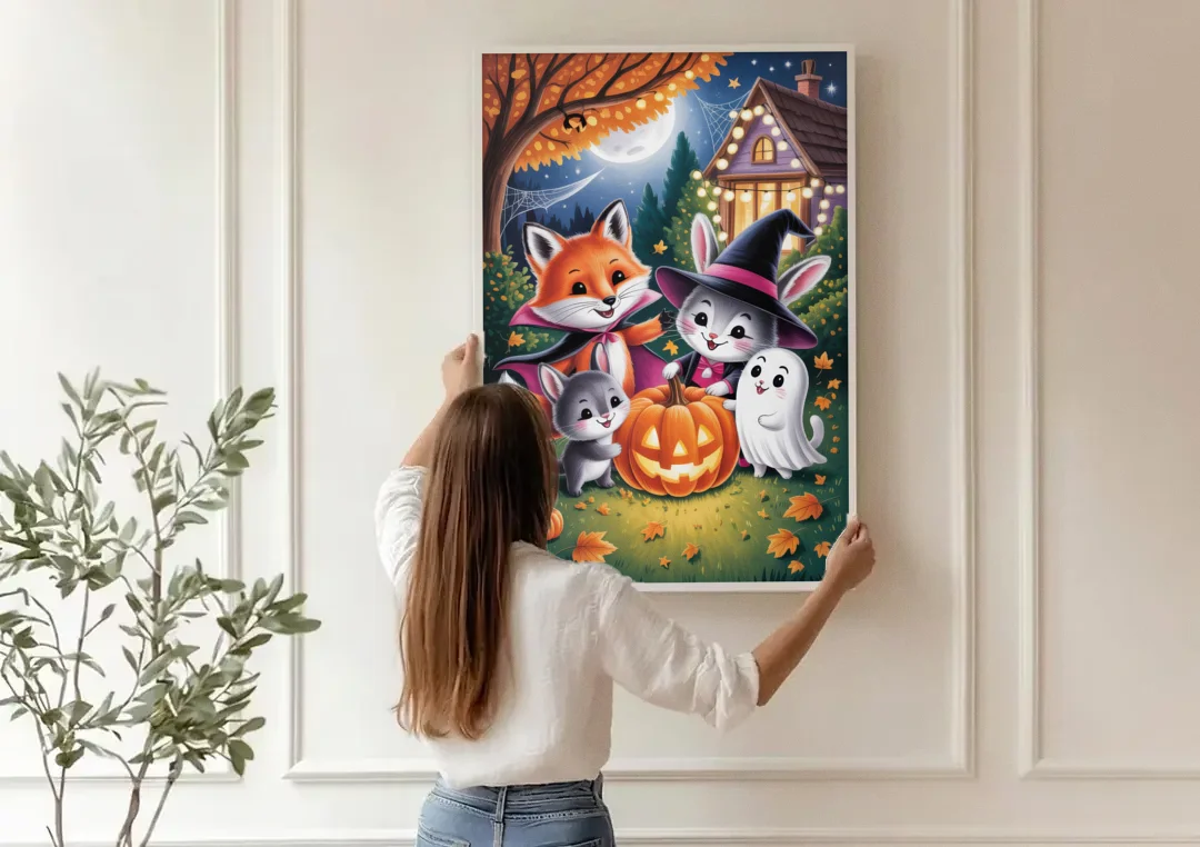 Enchanting Animals Festivity Cute Halloween canvas wall art being hung on a paneled wall