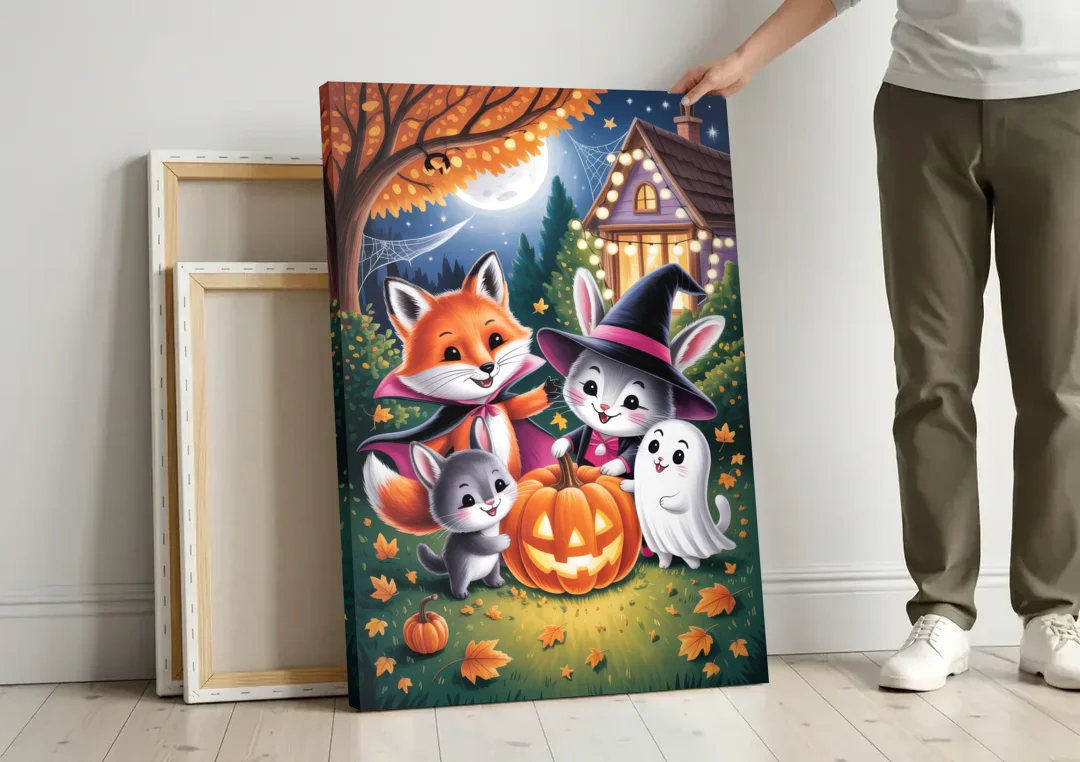Enchanting Animals Festivity Cute Halloween canvas wall art leaning against a wall next to blank canvases