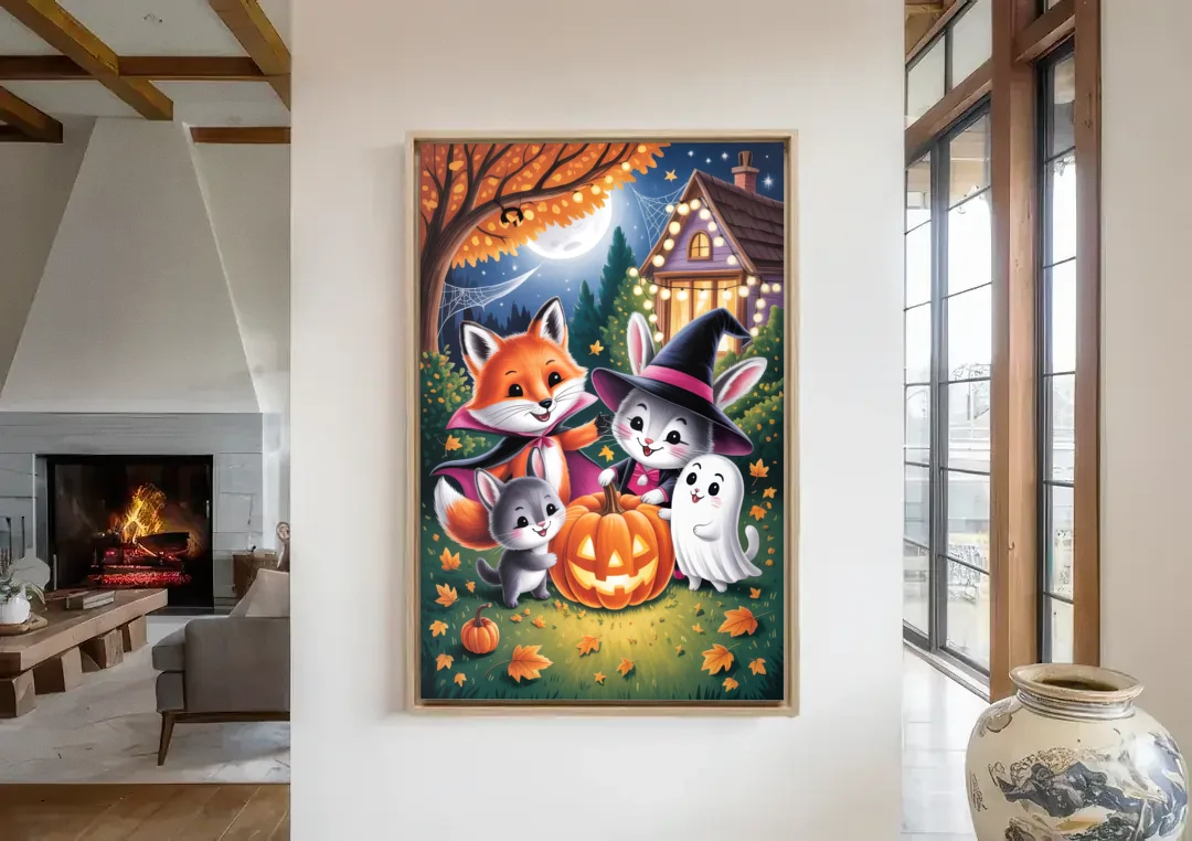 Enchanting Animals Festivity Cute Halloween canvas wall art in a living room with a fireplace