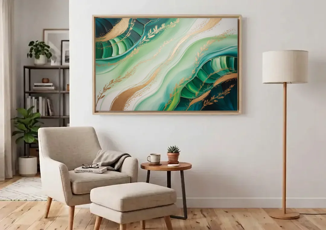 Enchanting Forest Green Abstract canvas wall art above an armchair in a bright living room