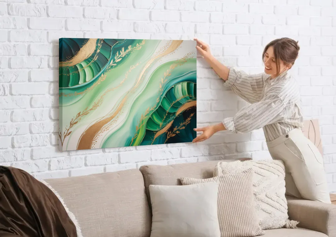 Enchanting Forest Green Abstract canvas wall art being hung on a white brick wall above a sofa