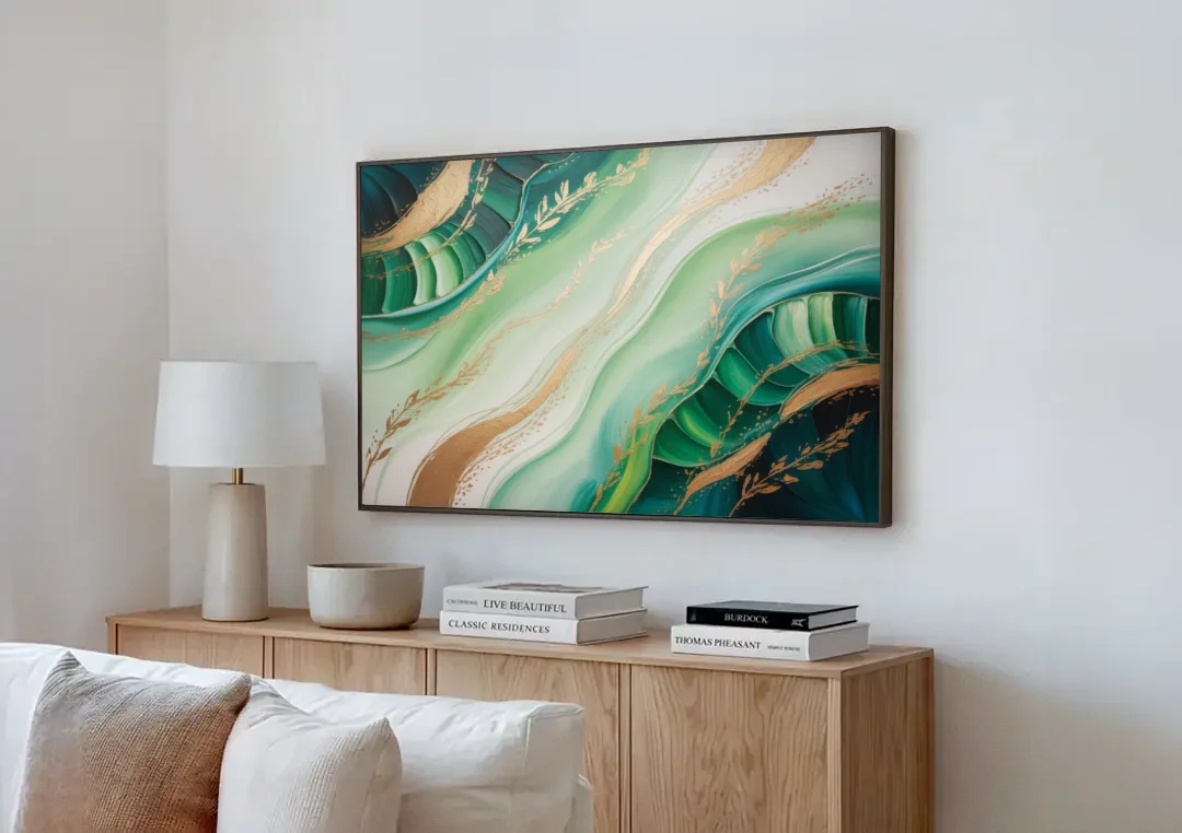 Enchanting Forest Green Abstract canvas wall art above a wooden sideboard next to a sofa