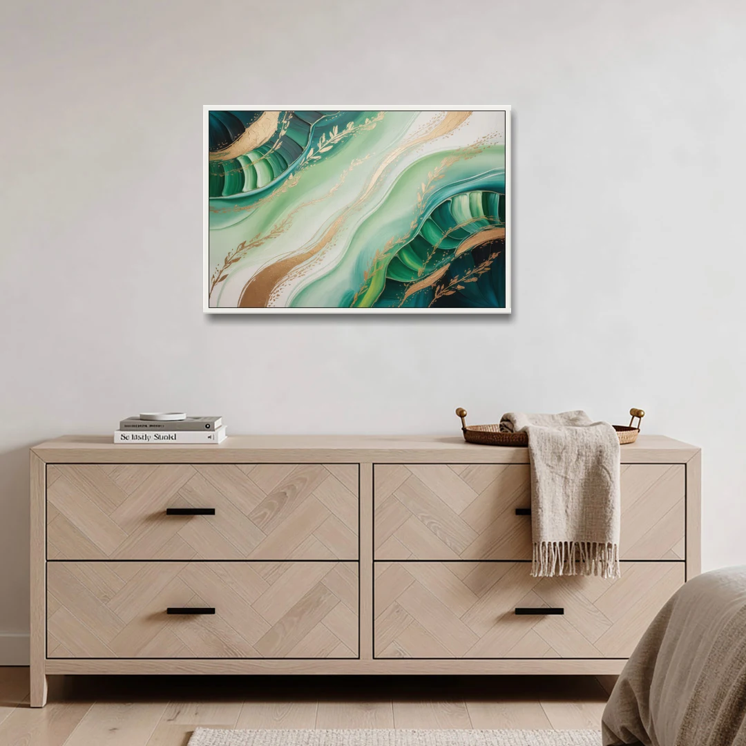 Enchanting Forest Green Abstract - White Framed Canvas Wall Art - Coffee Table - 36x24