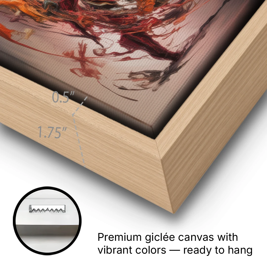 Energetic Harmony Red Abstract - Oak Framed Canvas Wall Art - Gallery Wrap Corner