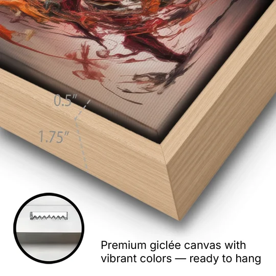 Energetic Harmony Red Abstract - Oak Framed Canvas Wall Art - Gallery Wrap Corner