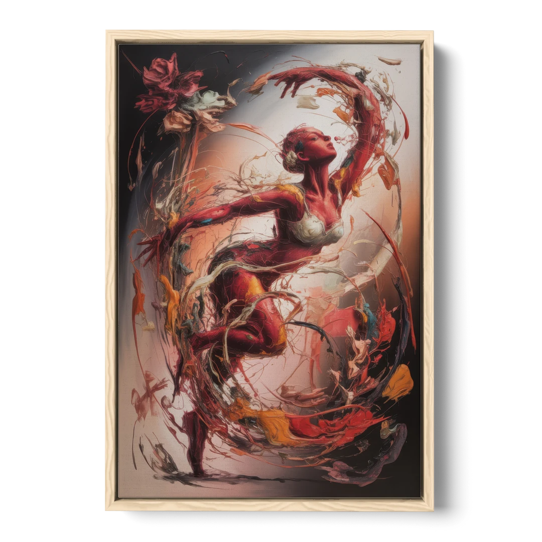 Energetic Harmony Red Abstract - Oak Framed Canvas Wall Art - Front