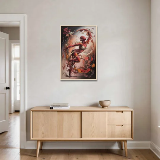 Energetic Harmony Red Abstract - Oak Framed Canvas Wall Art - Coffee Table - 24x36