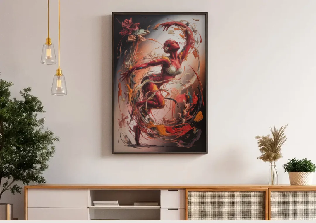 Energetic Harmony Red Abstract canvas wall art above a wooden sideboard under pendant lights