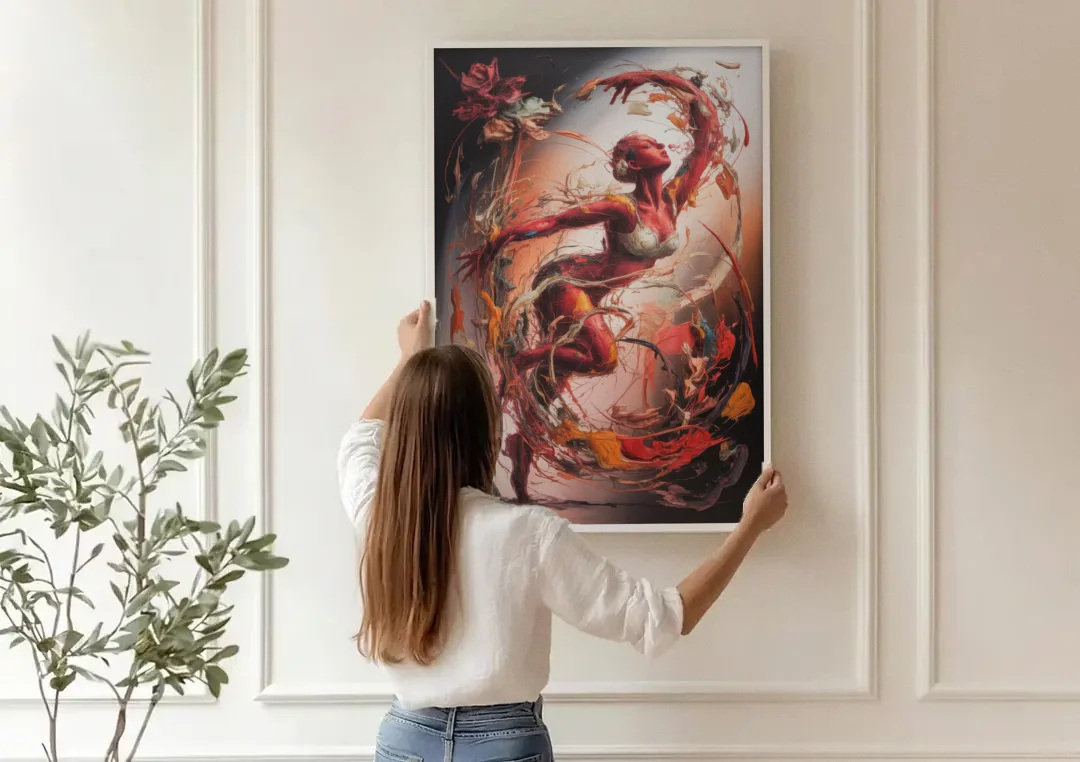 Energetic Harmony Red Abstract canvas wall art being hung on a paneled wall