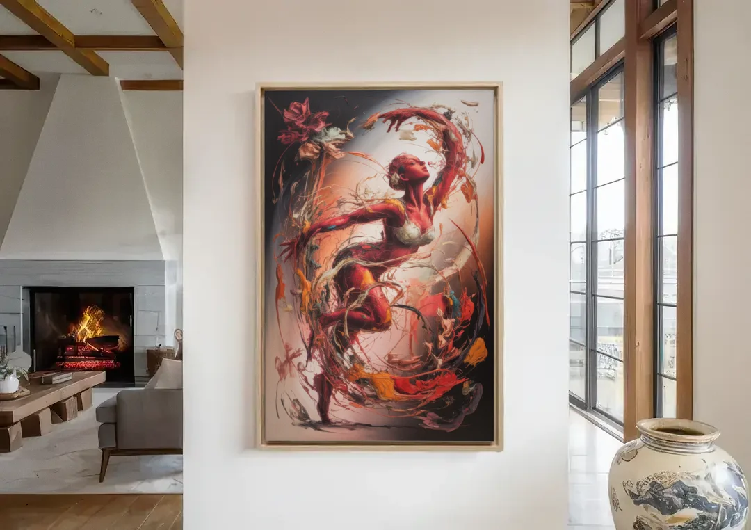 Energetic Harmony Red Abstract canvas wall art in a living room with a fireplace