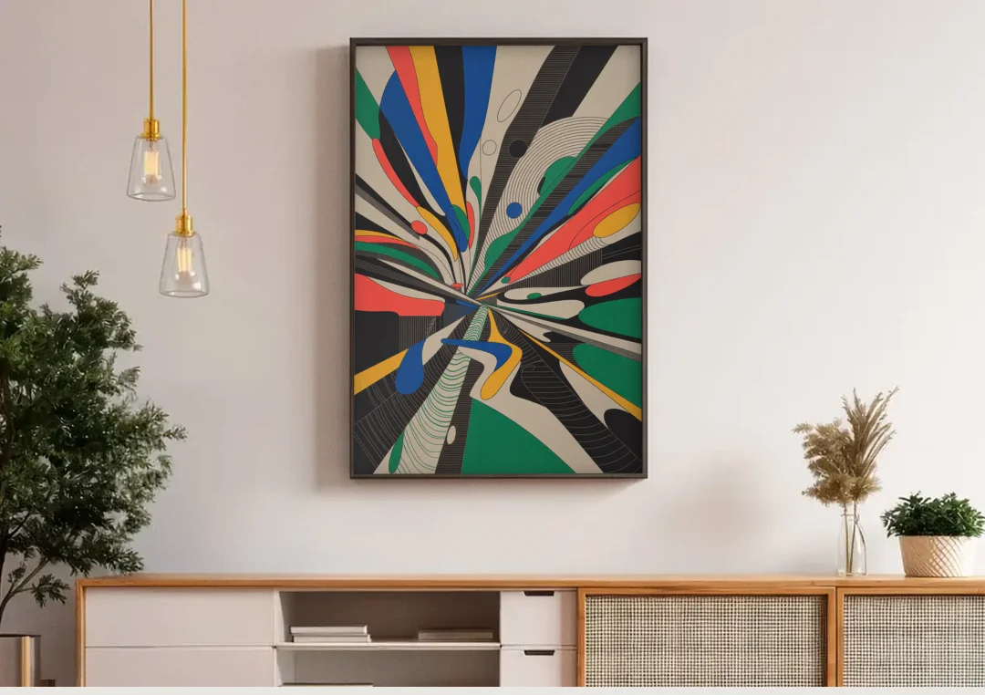 Energetic Layers of Colorful Abstract canvas wall art above a wooden sideboard under pendant lights