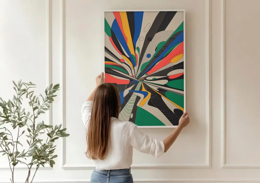 Energetic Layers of Colorful Abstract canvas wall art being hung on a paneled wall
