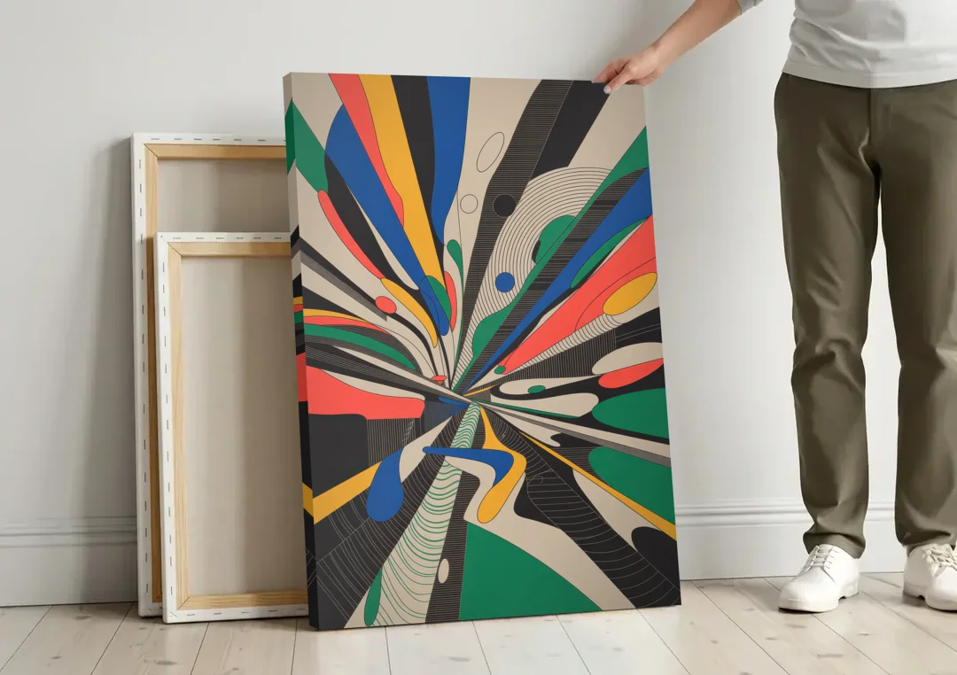 Energetic Layers of Colorful Abstract canvas wall art leaning against a wall next to blank canvases