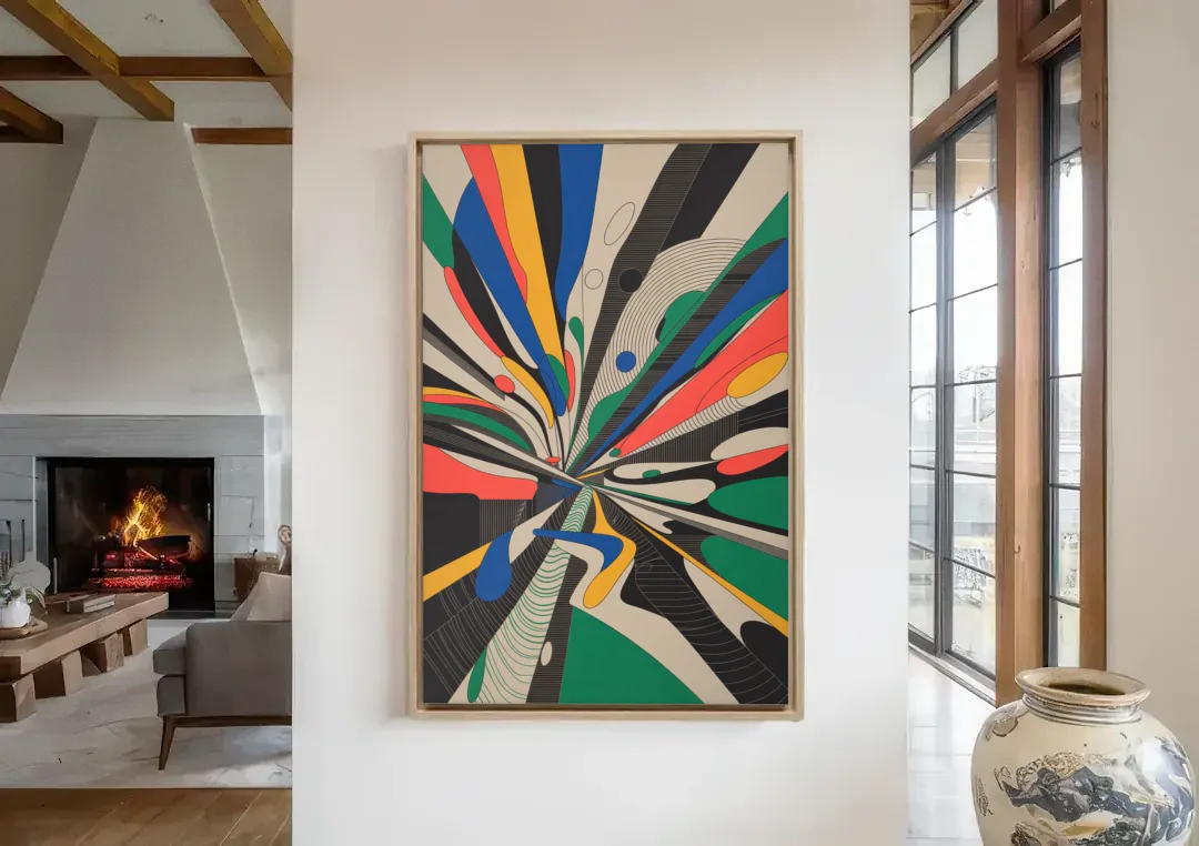 Energetic Layers of Colorful Abstract canvas wall art in a living room with a fireplace
