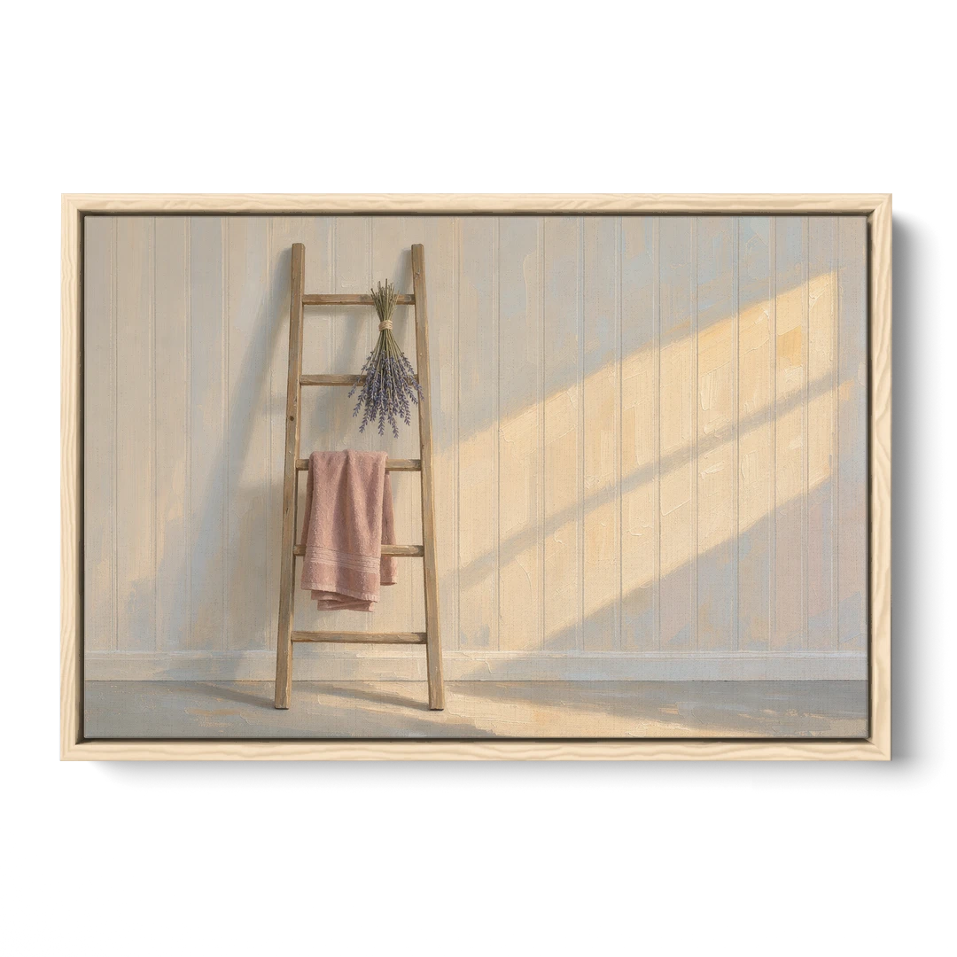 English Cottage Wall Art with Towel Ladder and Lavender - Oak Framed Canvas Wall Art - Front