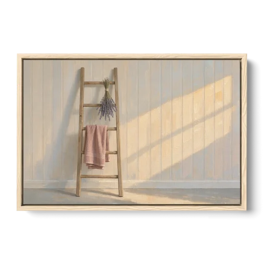 English Cottage Wall Art with Towel Ladder and Lavender - Oak Framed Canvas Wall Art - Front