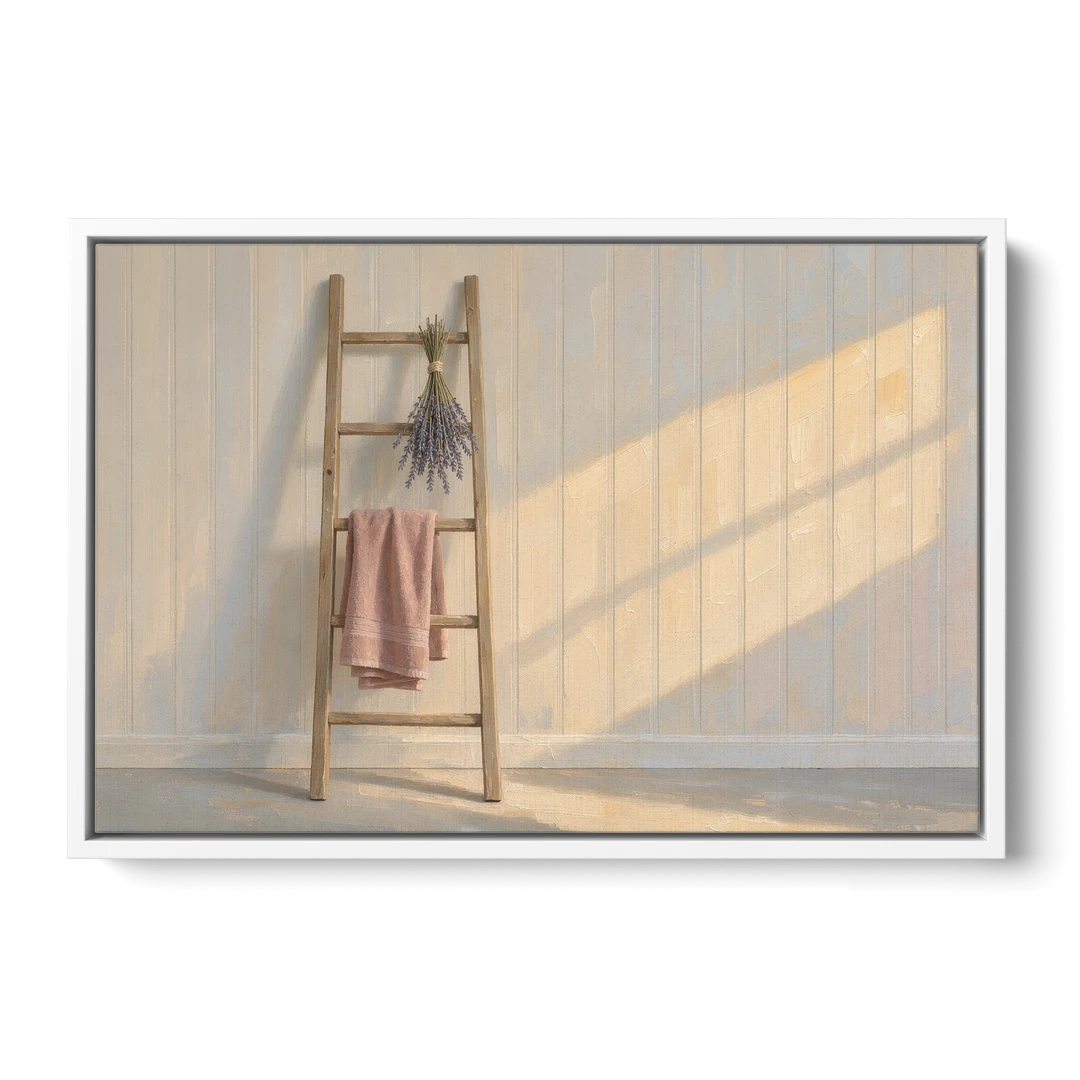 English Cottage Wall Art with Towel Ladder and Lavender - White Framed Canvas Wall Art - Front