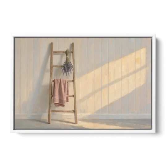 English Cottage Wall Art with Towel Ladder and Lavender - White Framed Canvas Wall Art - Front