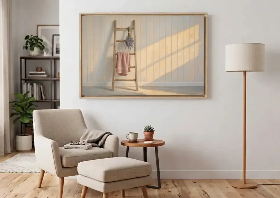 English Cottage Wall Art with Towel Ladder and Lavender canvas wall art above an armchair in a bright living room