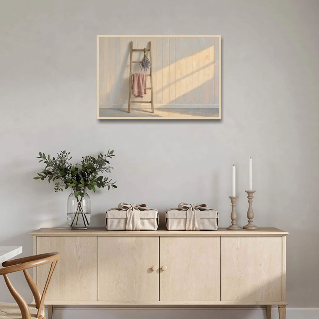 English Cottage Wall Art with Towel Ladder and Lavender - Oak Framed Canvas Wall Art - Coffee Table - 36x24