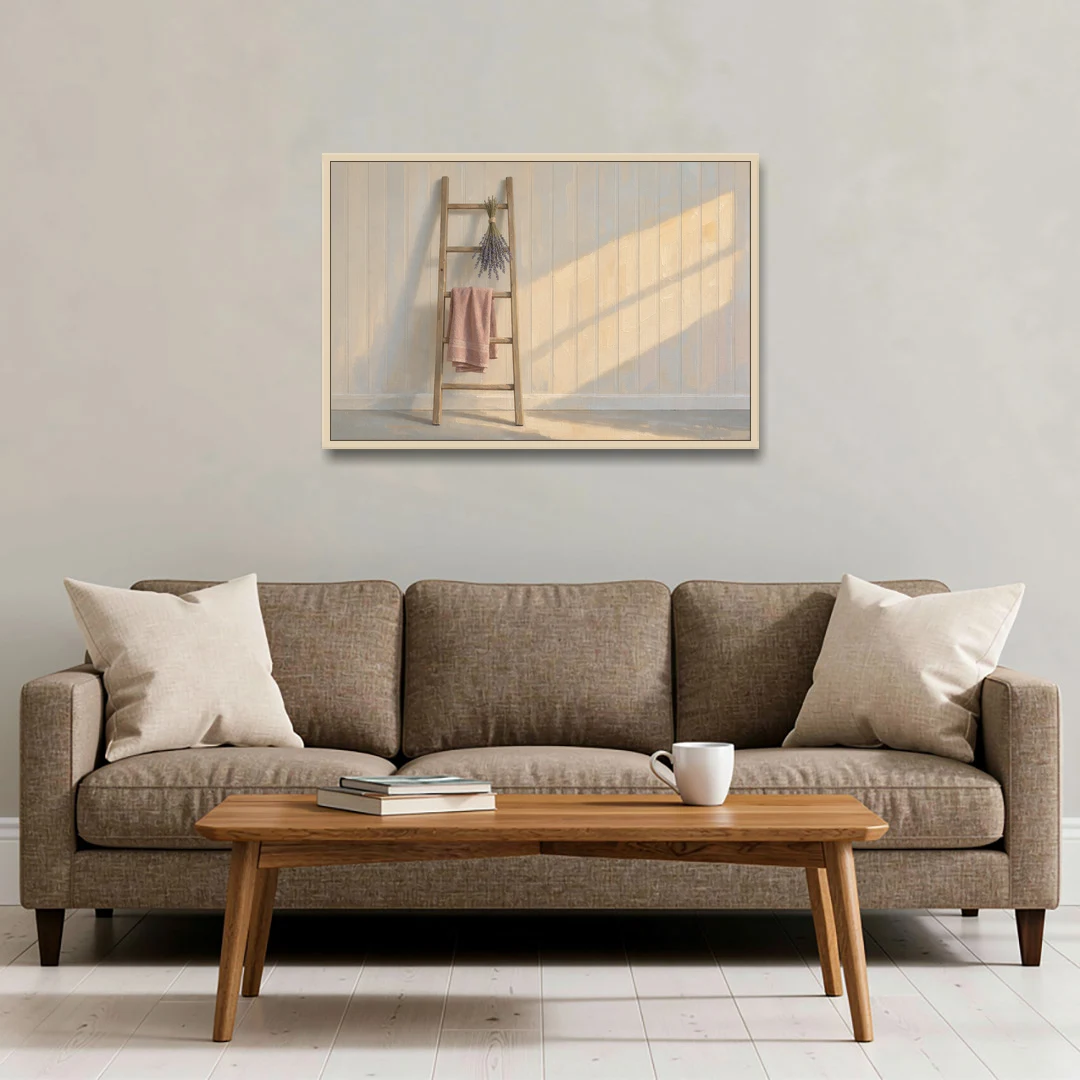 English Cottage Wall Art with Towel Ladder and Lavender - Oak Framed Canvas Wall Art - Sofa - 36x24