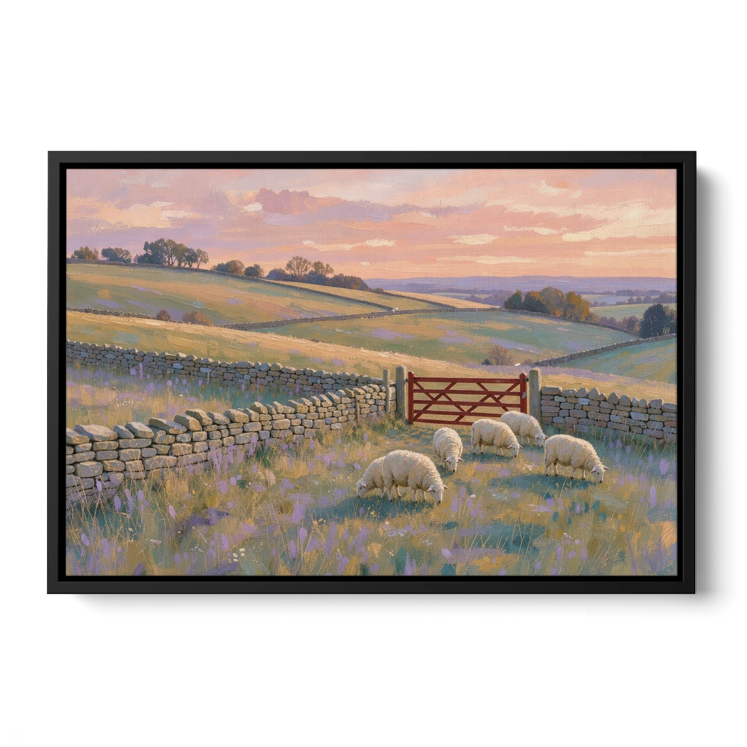 English Countryside Wall Art of a Red Field Gate - Black Framed Canvas Wall Art - Front