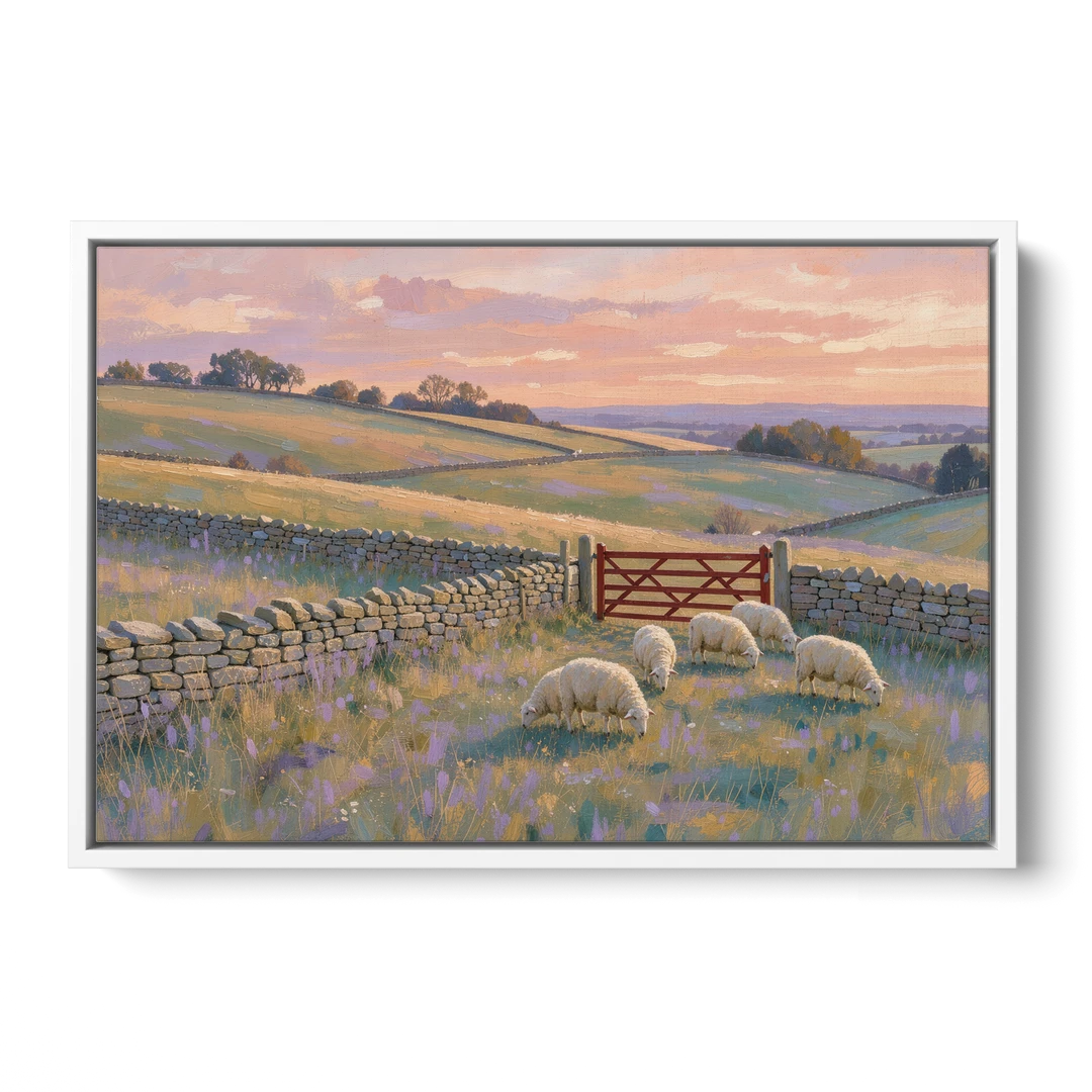 English Countryside Wall Art of a Red Field Gate - White Framed Canvas Wall Art - Front