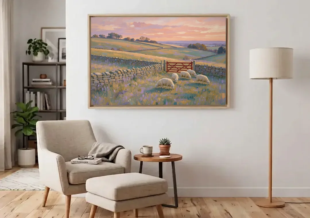 English Countryside Wall Art of a Red Field Gate canvas wall art above an armchair in a bright living room